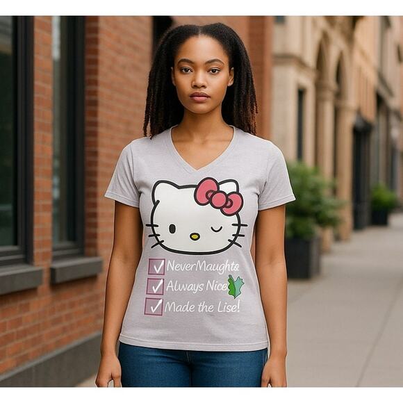 Hello Kitty‎ Christmas Tshirt Juniors Sz XS Gray Santa Claus List Holiday Sanrio - Picture 1 of 5